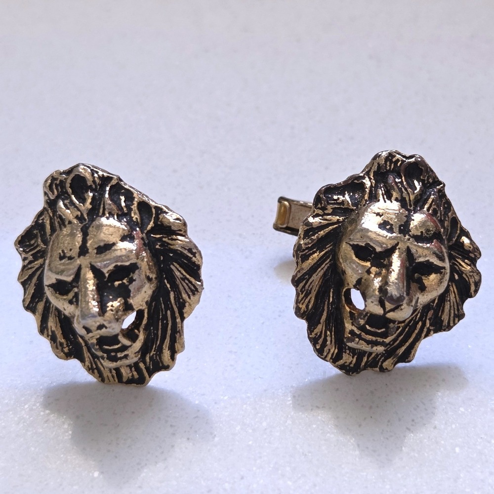 VTG Lion Head Cufflinks Antiqued Gold Tone Textured Animal Statement Mens